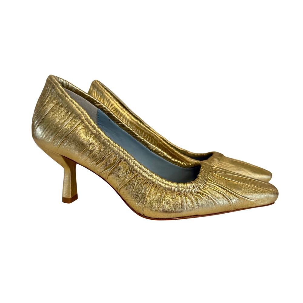 Frances Valentine Britta Gold Metallic Ruched Pumps 6B Glam Party Career Work